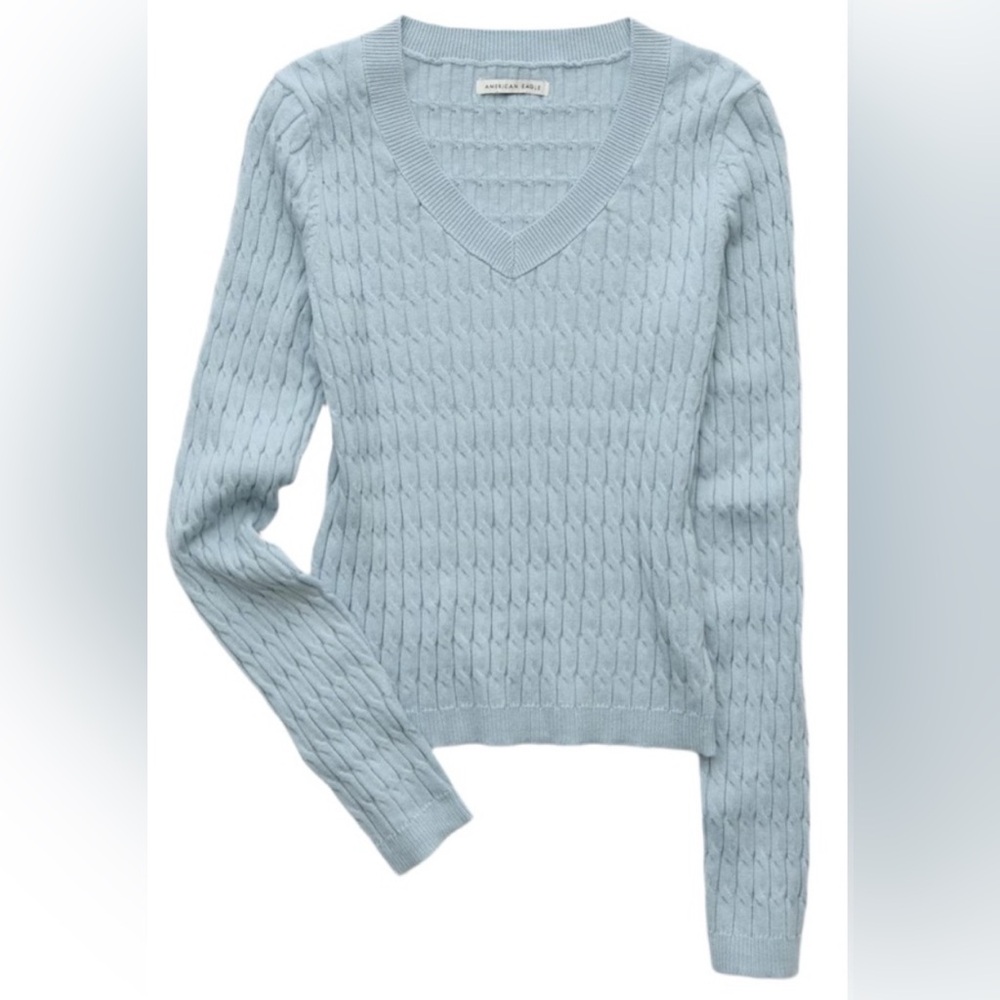 Light Blue Cable Knit V-Neck Sweater